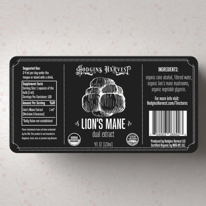 Hodgins Harvest Organic Lion's Mane Fruiting Body Extract Tincture - Mushroom Supplement for Brain Health and Mental Focus - Dual Extract Formula - Extra Concentrated - 4 fl oz Bottle