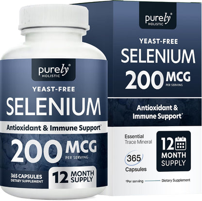 Selenium 200mcg Capsules, 1 Year Supply, Yeast-Free Selenomethionine, Vegan | Immune Antioxidant and Thyroid Health Support, Selenium Supplements for Women and Men, Gluten-Free & Non-GMO, 365 Capsules