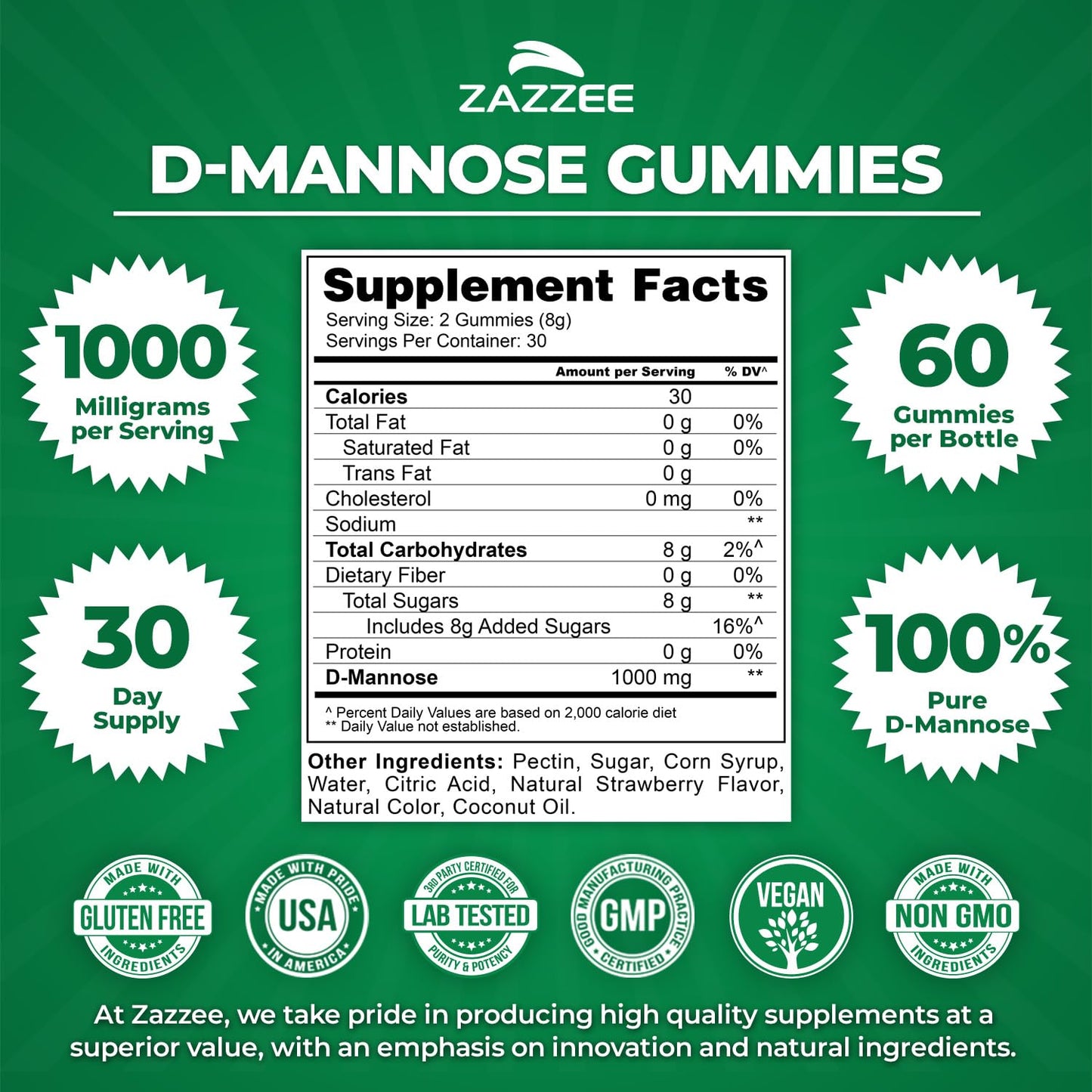 Zazzee D-Mannose, 1000 mg per Serving, 180 Vegan Capsules, 3 Month Supply, Potent & Fast-Acting, Certified Kosher, 100% Pure, All-Natural Urinary Tract Health Support, 100% Vegetarian, Non-GMO