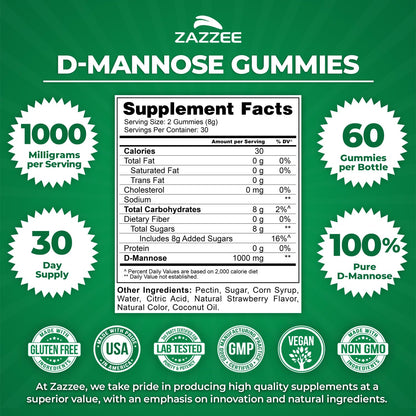 Zazzee D-Mannose, 1000 mg per Serving, 180 Vegan Capsules, 3 Month Supply, Potent & Fast-Acting, Certified Kosher, 100% Pure, All-Natural Urinary Tract Health Support, 100% Vegetarian, Non-GMO