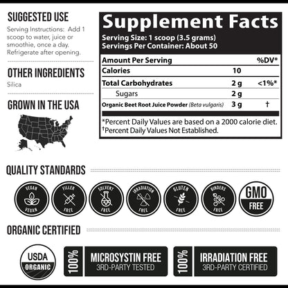 BioBeet® Max Strength Beet Root Juice Powder – 20:1 Concentrate, Each Serving Derived from 60,000 mg Organic Beetroot - Cold-Pressed, USA Grown – Nitric Oxide, Circulation Support – 50 Servings