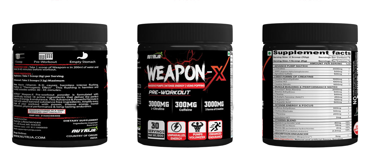 NutriJa Weapon-X Pre-Workout Powder with 21 Active Ingredients - 3 Best Forms of Creatine, AAKG, Beta-Alanine, Caffeinated | Pumps, Viens Popping, Energy, Focus & Strength (60 Servings (Mango))