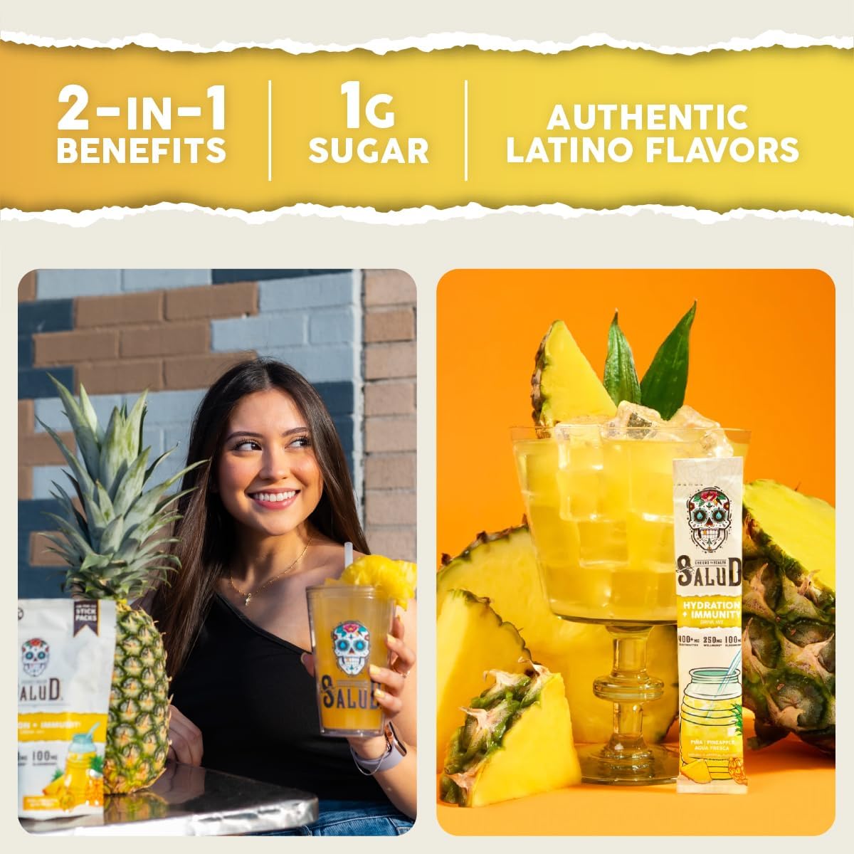 Salud 2-Pack | 2-in-1 Hydration + Immunity (Pineapple) & Energy + Focus (Strawberry Watermelon) – 15 Servings Each, Agua Fresca Drink Mix, Non-GMO, Gluten Free, Vegan, Low Calorie, 1g of Sugar