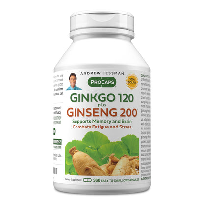ANDREW LESSMAN Ginkgo 120 Plus Ginseng 200mg - 60 Capsules - Standardized Extract Blend to Support Brain, Memory and Cognitive Function. Adaptogen, Combats Stress and Fatigue. No Additives