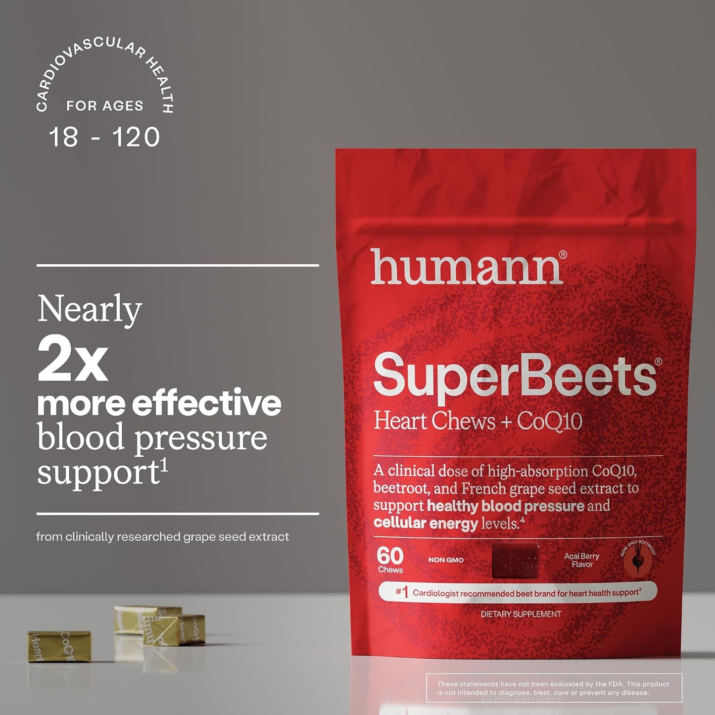 HumanN SuperBeets 3-in-1 Heart Chews - 3X Absorption CoQ10 - Plus Beetroot & Grape Seed Extract, Blood Pressure Support, Support Healthy Blood Flow, Circulation, 60 Count
