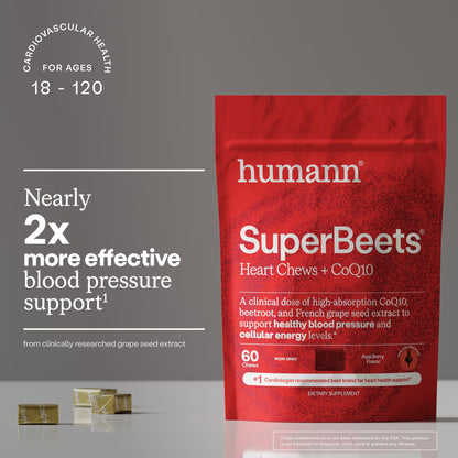 HumanN SuperBeets 3-in-1 Heart Chews - 3X Absorption CoQ10 - Plus Beetroot & Grape Seed Extract, Blood Pressure Support, Support Healthy Blood Flow, Circulation, 60 Count