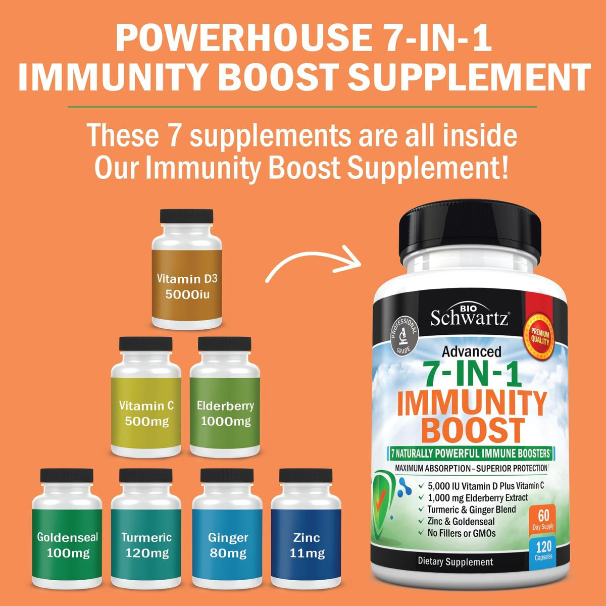 Immune Support Supplement with Zinc Elderberry Vitamin D 5000 IU, 120ct