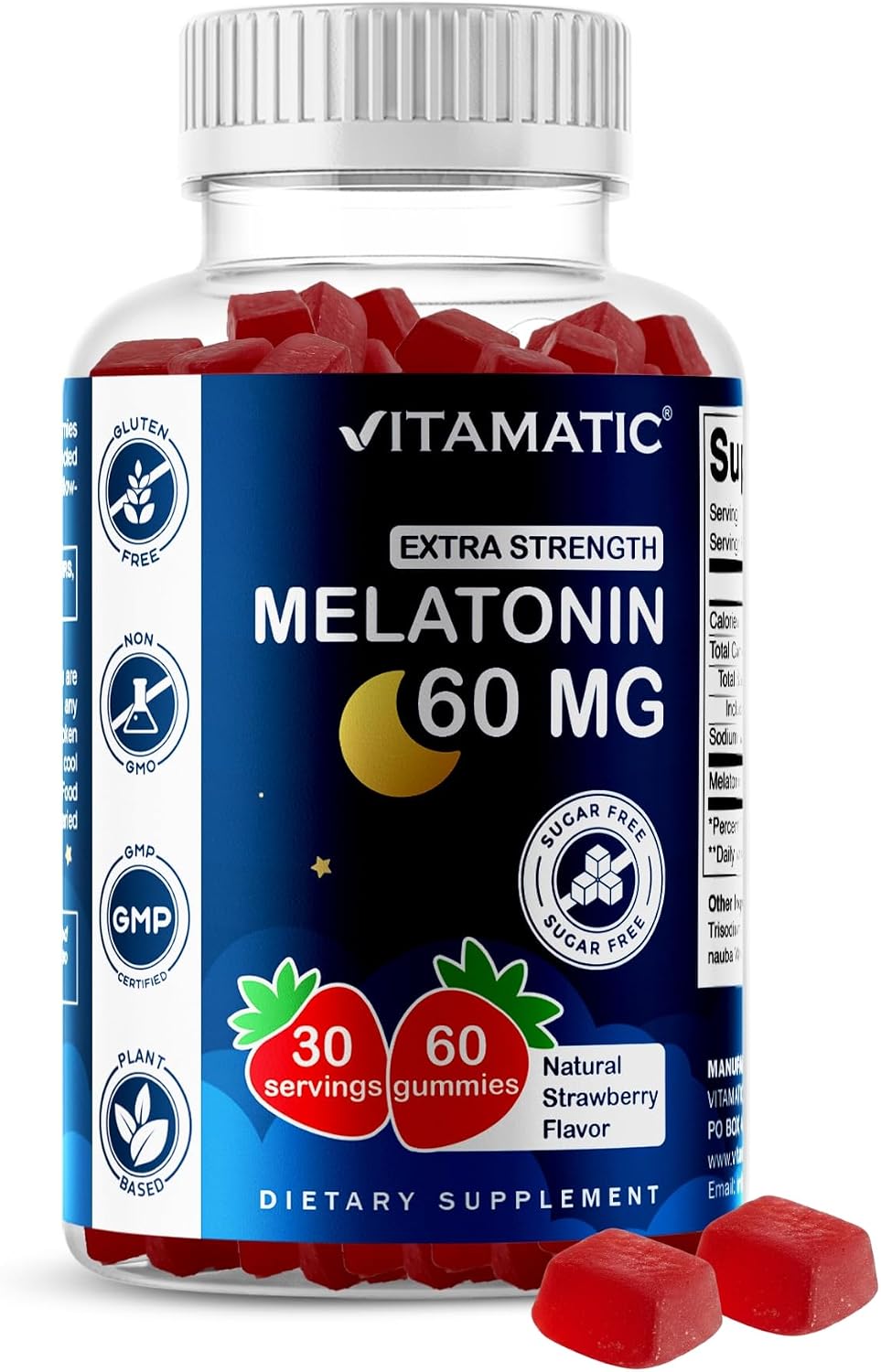 Vitamatic Sugar Free Melatonin 60 mg Per Serving - 60 Vegetarian Gummies | Non-Habit Forming High Potency Melatonin Supplement