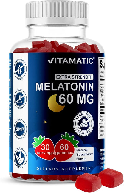 Vitamatic Sugar Free Melatonin 60 mg Per Serving - 60 Vegetarian Gummies | Non-Habit Forming High Potency Melatonin Supplement
