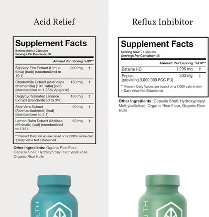 Terra Health Essentials Acid Balance & Digestive Support Bundle - Plant Based Acid Relief Supplement with Slippery Elm, DGL Licorice - Reflux Inhibitor Digestive Support with Pepsin, Betaine HCL