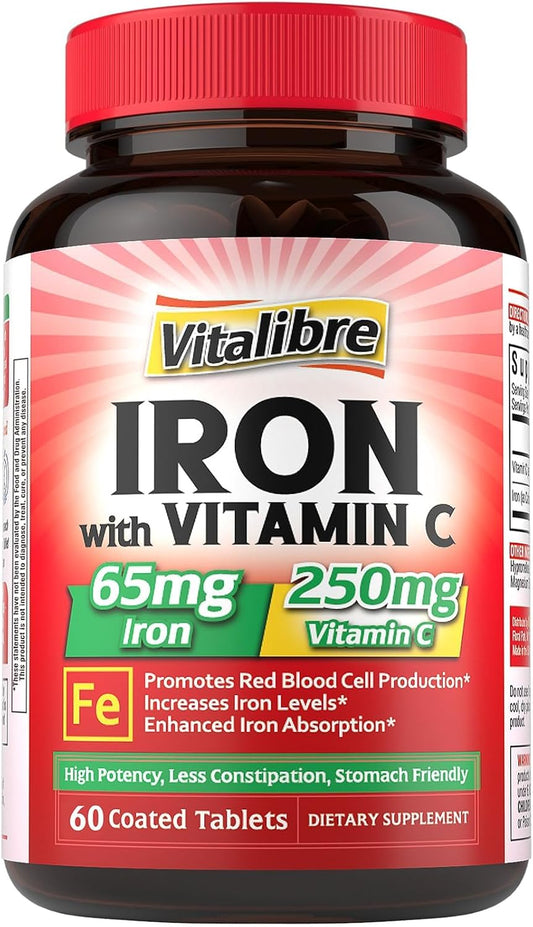 Iron Supplement, 65mg Carbonyl Iron with 250mg Vitamin C, Stomach Friendly | Iron Pills for Blood Building Women & Men, High Absorption, No Nausea, No Constipation, Non-GMO, No Gluten, 60 Vegan Tabs