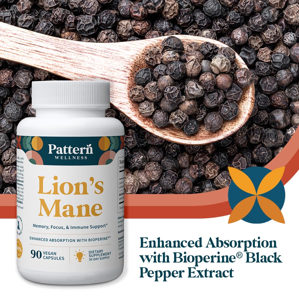 Pattern Wellness Lion’s Mane Mushroom Supplement – 90 Vegan Capsules | Supplement Capsules for Cognitive & Focus Support – Enhanced Absorption