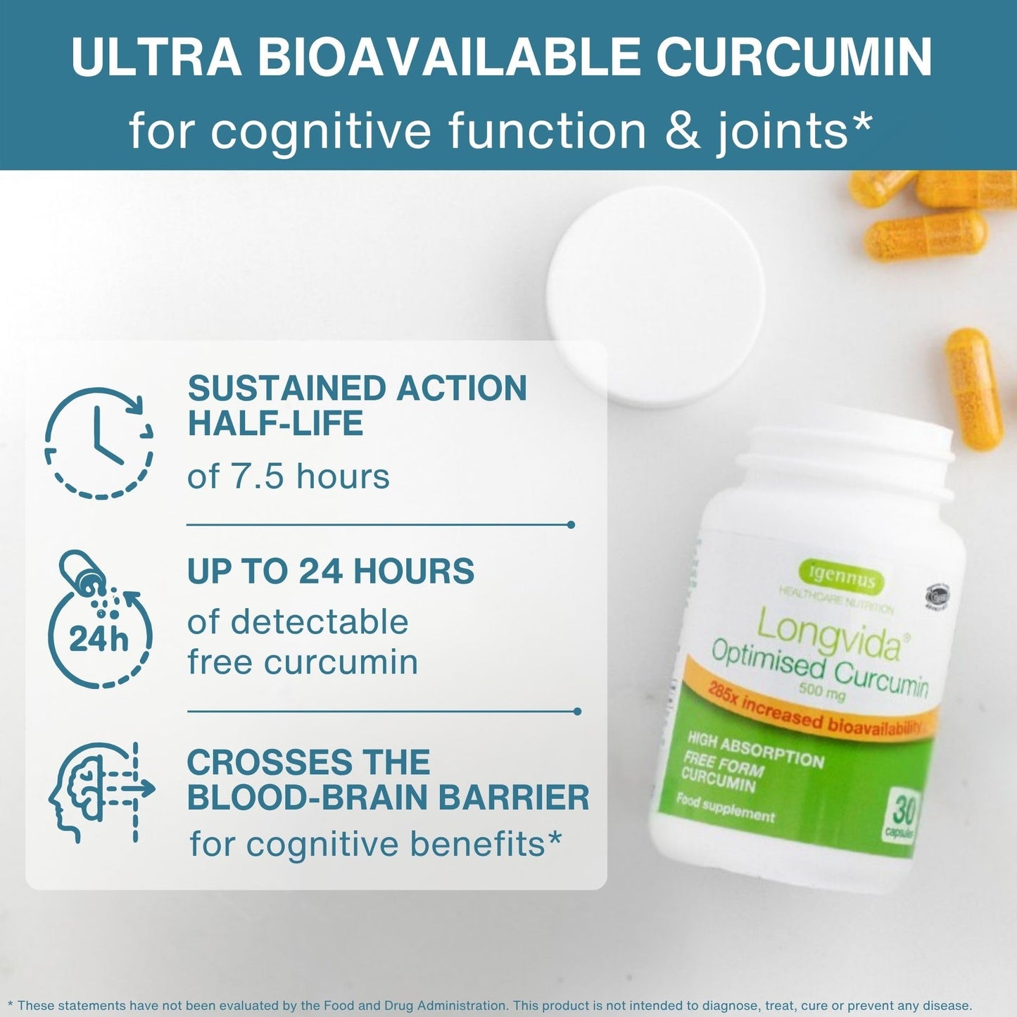 Igennus Longvida Curcumin 500mg – High Absorption ‘Free’ Curcumin, 65x Higher Plasma Levels, Sustained Release (7hr Half-Life), Brain & Cognitive Support, Vegan, 30 Capsules
