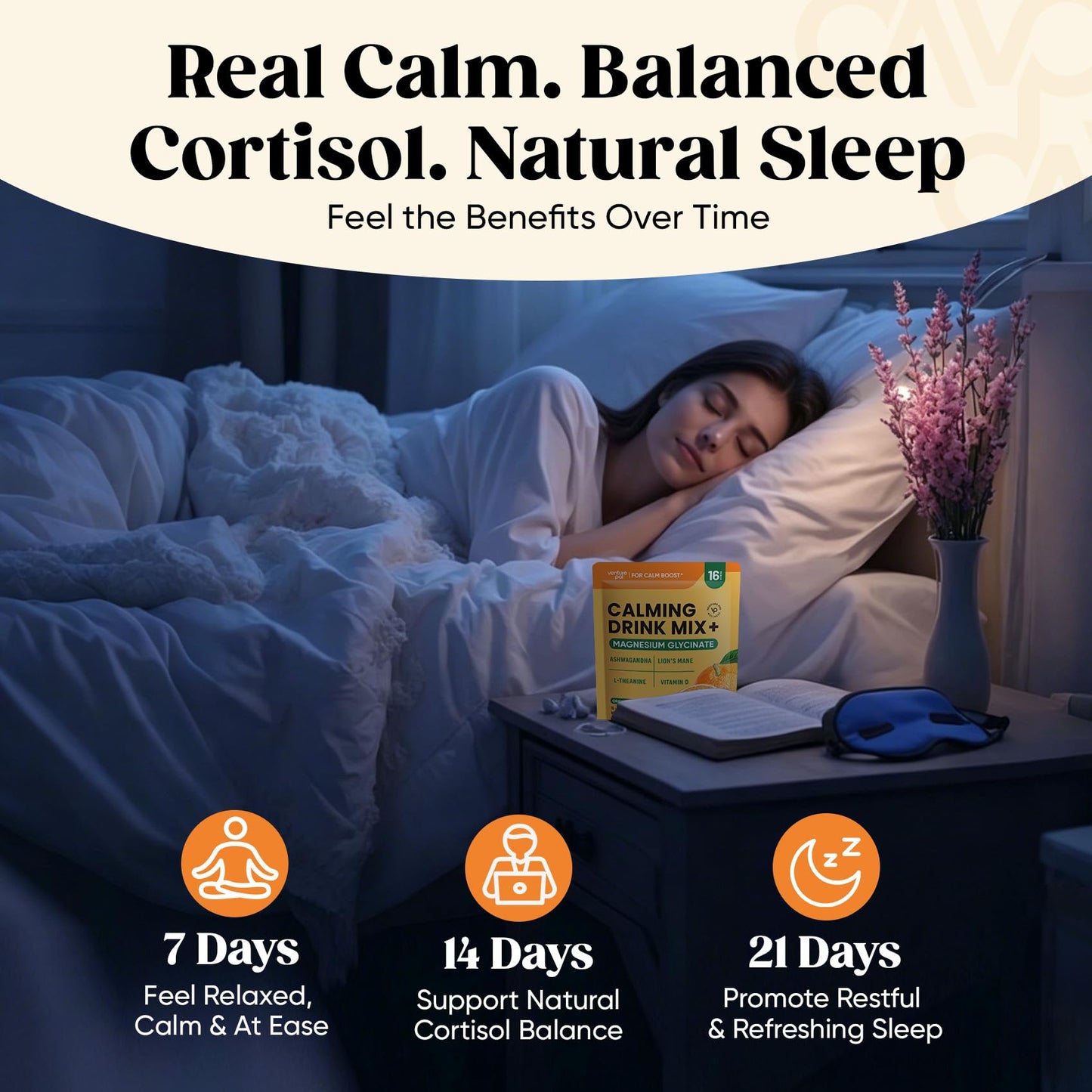 Venture Pal Calm Drink Mix, 12-in-1 Cortisol Reducer & Sleep Aid | Magnesium Glycinate, Ashwagandha, L-Theanine & Vitamin D, Calm Magnesium Powder for Relax & Focus, No Sugar, Non GMO