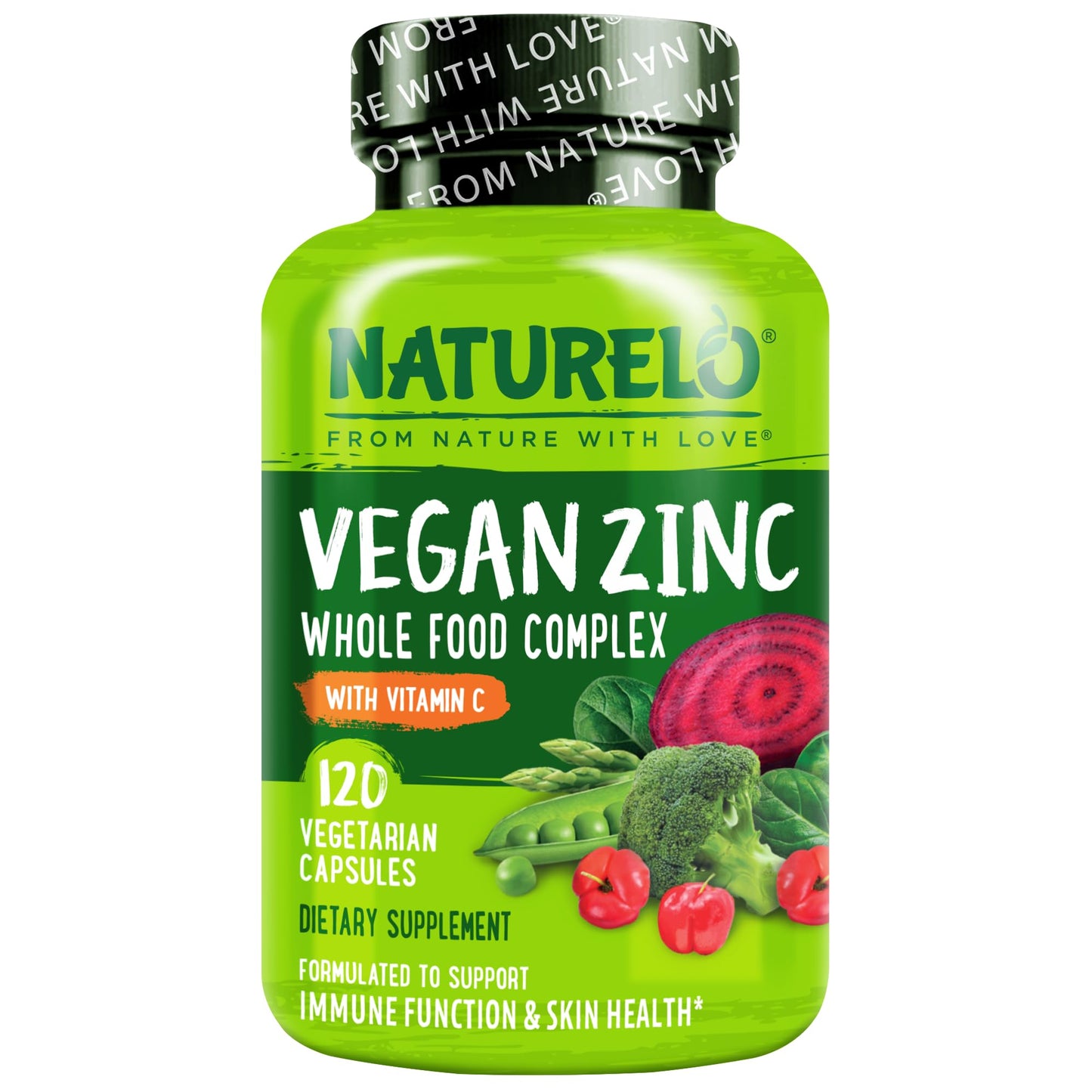 NATURELO Vegan Zinc Immune Support Capsules - Whole Food Complex with Vitamin C for Healthy Skin, Hair, and Nails - 120 Capsules