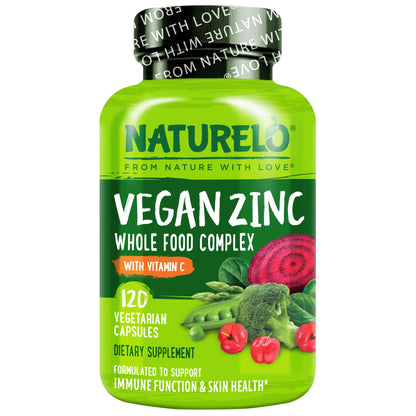 NATURELO Vegan Zinc Immune Support Capsules - Whole Food Complex with Vitamin C for Healthy Skin, Hair, and Nails - 120 Capsules