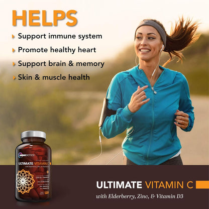 OmniBiotics Ultimate Vitamin C Supplement 2000mg – with Zinc, Elderberry Extract, and D3 – High Potency Immune Support & Collagen Booster – 120 Vegan Tablets