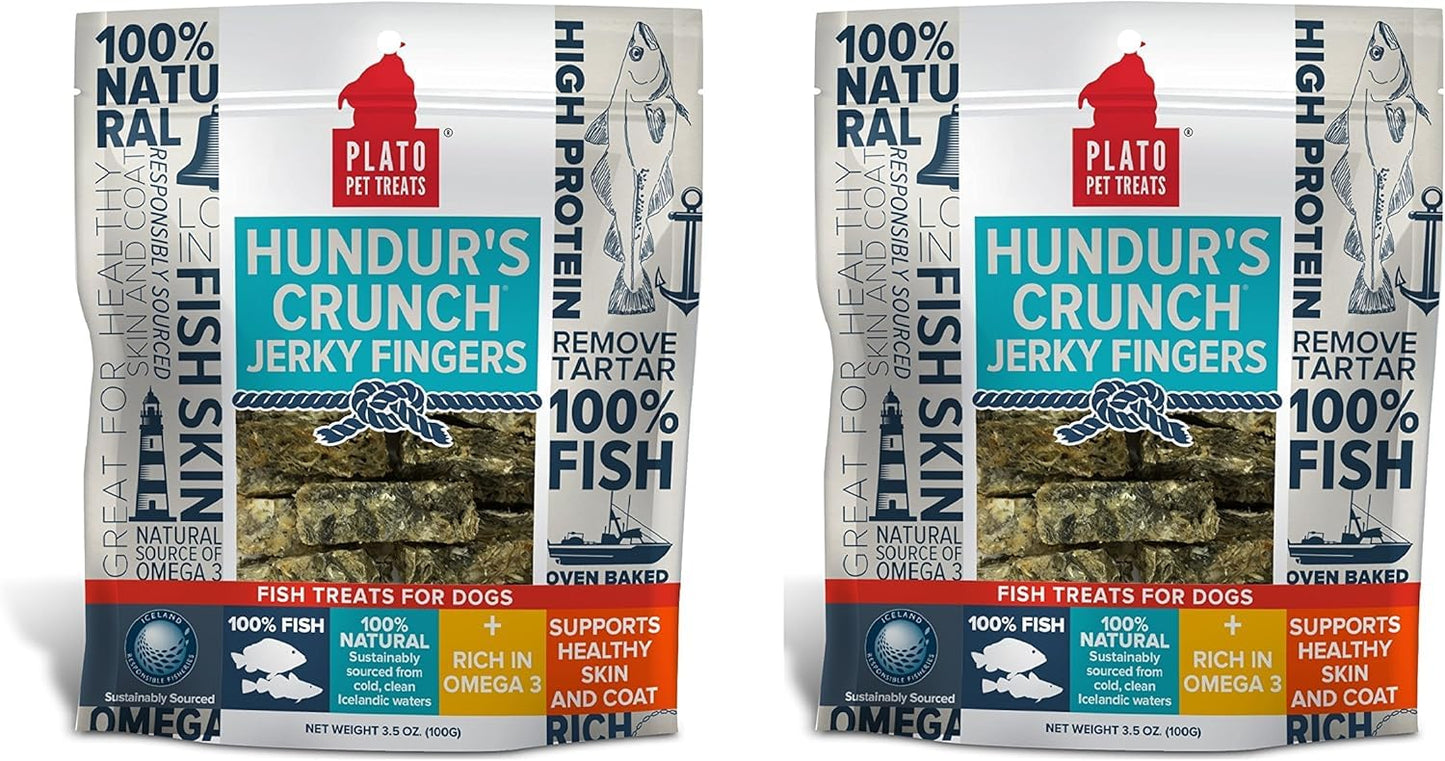 PLATO Pet Treats Fish Dog Treats - Air-Dried, Single Ingredient Dog Treat - with Omega 3 & 6 Fatty Acids to Support Skin and Coat - Cod Fish Skin - Hundur’s Crunch Jerky Mini - 10 oz - 2 Pack