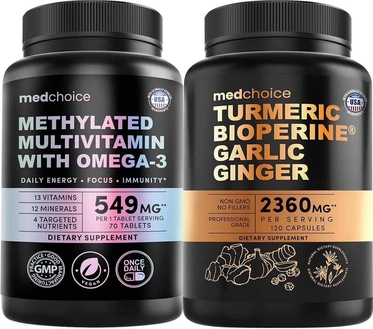 29-in-1 Methylated Multivitamin for Men & Women with Omega 3, Active B12, 5-MTHF Folate (70ct) & 4-in-1 Turmeric Joint Support Supplements with Garlic for Mobility & Active Aging Support (120 ct)