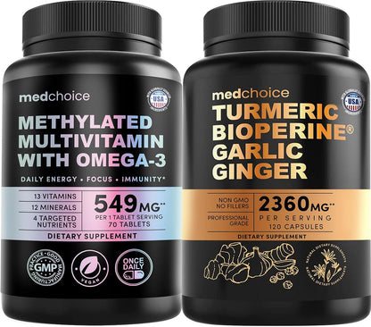 29-in-1 Methylated Multivitamin for Men & Women with Omega 3, Active B12, 5-MTHF Folate (70ct) & 4-in-1 Turmeric Joint Support Supplements with Garlic for Mobility & Active Aging Support (120 ct)