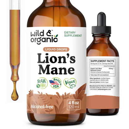 Wild & Organic Lions Mane Liquid Drops - Brain & Focus Support - Lion's Mane Mushroom Supplement - Hericium Erinaceus Mushroom Drops - Mix with Powder - Sugar & Alcohol-Free Extract Tincture - 4 oz
