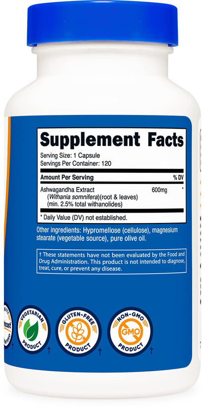 Nutricost Ashwagandha Herbal Supplement 600mg, 120 Capsules | Vegetarian, Non-GMO, Gluten Free, Ashwagandha Root