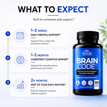 HerbaMe Nootropic Brain Supplement for Focus & Mental Clarity | Daily Cognitive Performance Stack with Choline, Bacopa, Lion’s Mane & L-Tyrosine | Memory & Energy Support | 90 Capsules
