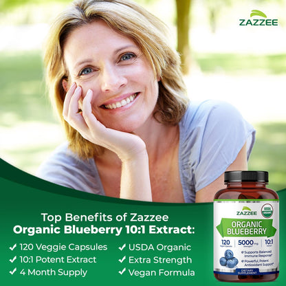 Zazzee USDA Organic Blueberry 10:1 Extract, 120 Vegan Capsules, 4 Month Supply, Whole Fruit, Vaccinium Angustifolium, Antioxidant & Cellular Health Support, Herbal Supplement, Non-GMO, Made in the USA
