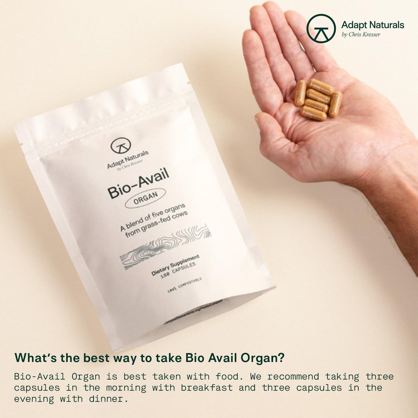 Adapt Naturals Beef Organ Supplement, Bioavailable Grass Fed Organ Capsules | Blend of Beef Liver, Heart, Kidney, Pancreas, Spleen, Supports Liver Cleanse Detox & Repair, Source of CoQ10 - 30 Days Supply