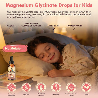 Magnesium Glycinate Liquid Drops for Kids 4+, Magnesium Glycinate 100/200 mg for Sleep, Relaxation & Calm Support, 11 in 1 Natural Gentle Sleep Aid for Kids, Sugar Free Strawberry Flavor, 2 Fl Oz