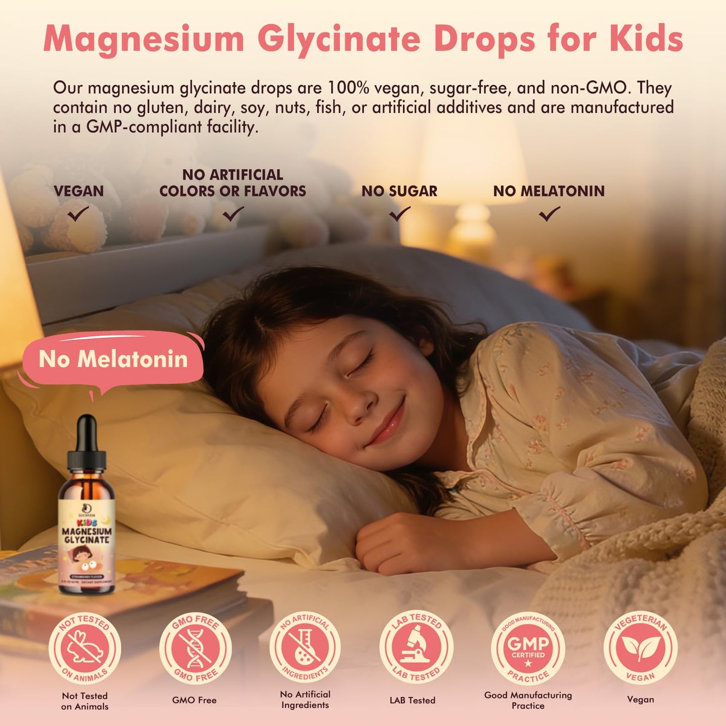 Magnesium Glycinate Liquid Drops for Kids 4+, Magnesium Glycinate 100/200 mg for Sleep, Relaxation & Calm Support, 11 in 1 Natural Gentle Sleep Aid for Kids, Sugar Free Strawberry Flavor, 2 Fl Oz