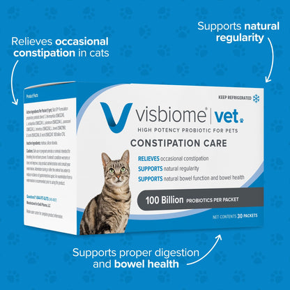 Visbiome® Vet Constipation Care Probiotic for Cats, 100B CFU, 30 Packets | Veterinarian Recommended, Slab51® Formulation, Multi-Strain, Refrigerated Probiotics, Weight-Based Dosing