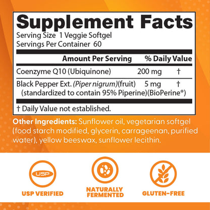 Doctor's Best High Absorption CoQ10 200mg with BioPerine Supplement - Coenzyme Q10 Softgels for Heart Health & Antioxidant Support, CoQ10 200 mg for Women & Men, Non GMO - 60 Veg Softgels