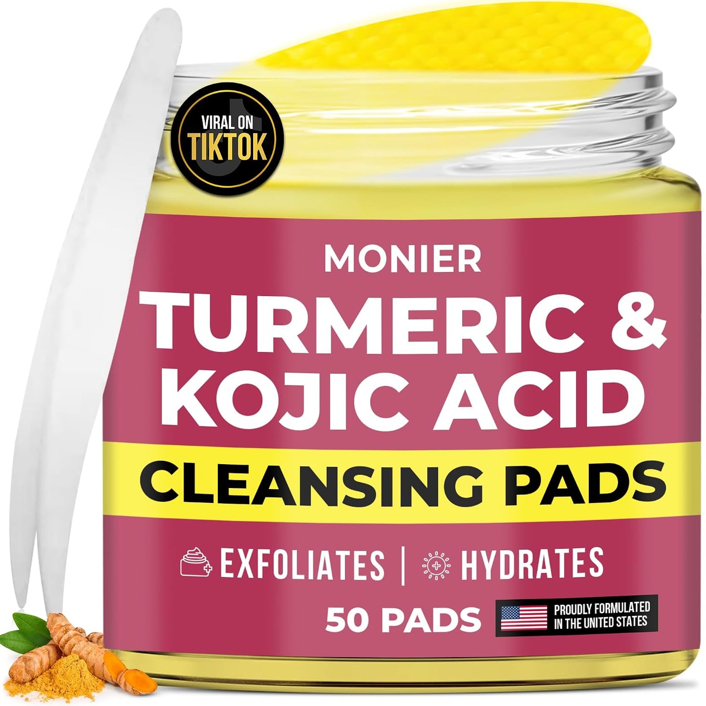 Turmeric Kojic Acid Cleansing Pads for Face Dark Spots - Hydrates & Plumps | With Vitamin C & E, Sensitive Skin Friendly (50 Pads)