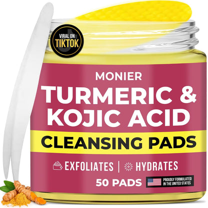 Turmeric Kojic Acid Cleansing Pads for Face Dark Spots - Hydrates & Plumps | With Vitamin C & E, Sensitive Skin Friendly (50 Pads)