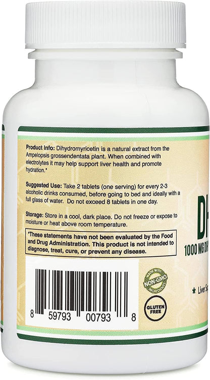 DHM1000 Dihydromyricetin (DHM) Tablets - Most Powerful DHM Supplement on The Market - 1,000mg per Capsule (30 Count) Enhanced with Electrolytes for Hydration and Liver Support by Double Wood