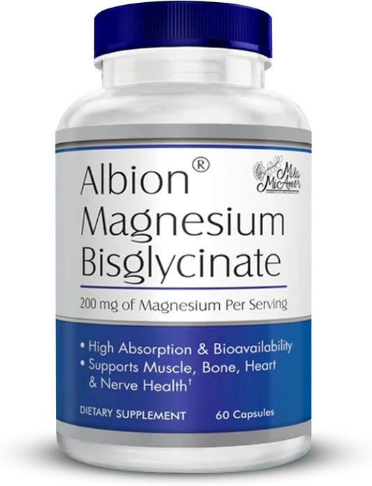 MilaMiAmor Albion® Magnesium Bisglycinate – Highly Absorbable Chelated Magnesium for Muscle, Nerve, Relaxation & Sleep Support – Gentle on Stomach, Vegan – 200mg per Serving, 60 Capsules