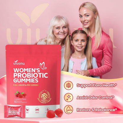 VivoNu Probiotics for Women, Women Probiotic Gummies, 500 Million CFUs, Fiber | Feminine Balance Gummies for Healthy Odour, Digestive Support and Gut Health + Vitamin C for Immune Support - 60 Gummies