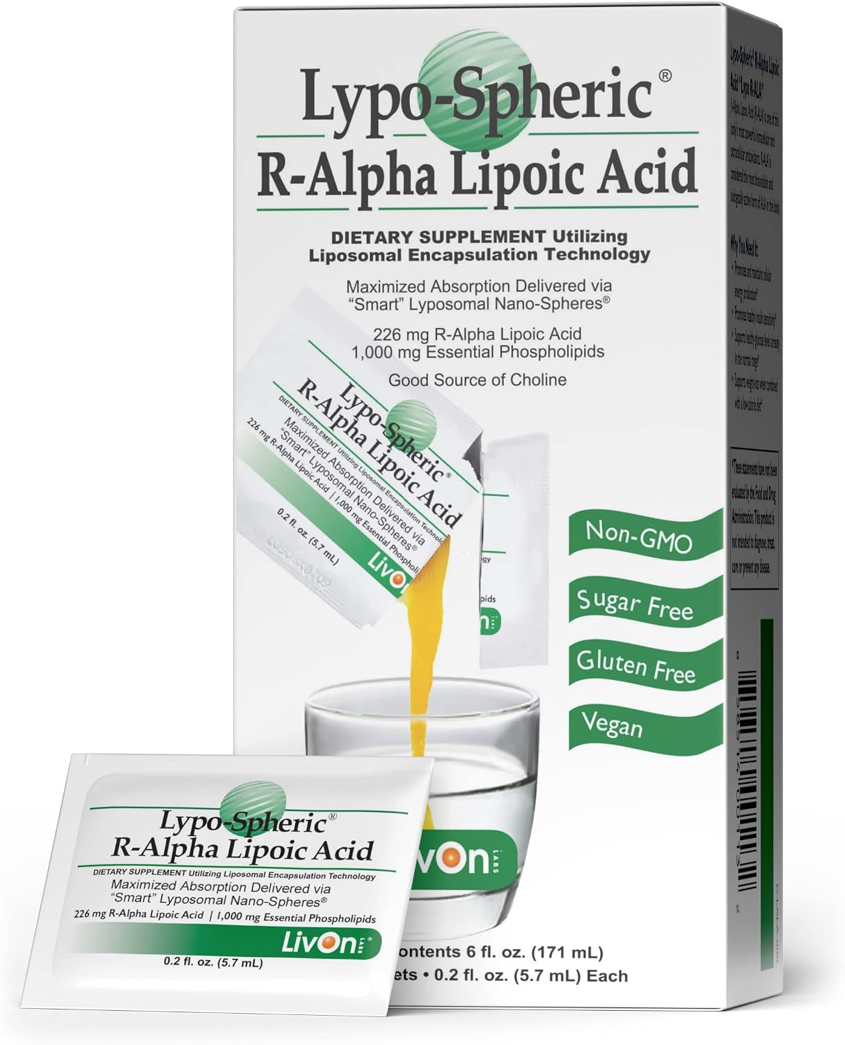 LivOn Laboratories Lypo-Spheric R-Alpha Lipoic Acid - 226mg Per Packet - Liposome Encapsulated for Maximum Bioavailability - 100% Non-GMO (30 Individual Packets)