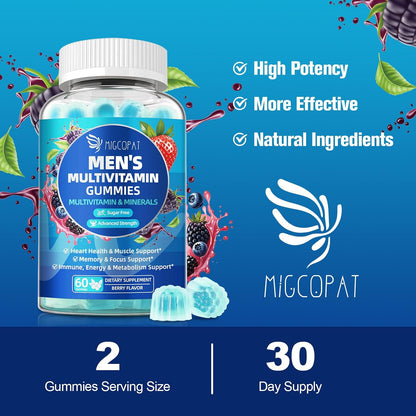 Migcopat Multivitamin for Men, Mens Multivitamins Gummies w/Omega-3, Probiotics, Inositol, Folate, Biotin, Zinc, Vitamins A, C, D, E, B, Support Heart, Brain, Muscle, Energy, Sugar-Free, Berry Flavor