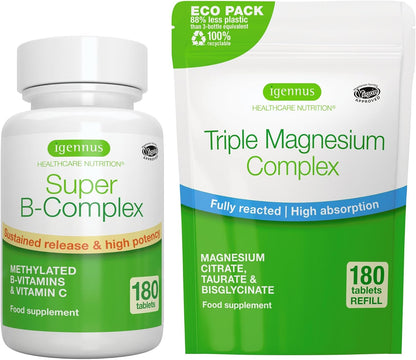 Super B-Complex 180 Tablets + Triple Magnesium Complex 180 Tablets Vegan Bundle, Methylated Sustained Release B Complex + High Absorption Chelated Magnesium Glycinate, Taurate & Citrate, by Igennus