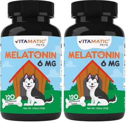Vitamatic Pets Melatonin 6 mg Chewable Tablets for Dogs, 120 Count | Sleep Health Support*, Beef Flavored Tablet, Non-GMO, Gluten Free, Made in USA