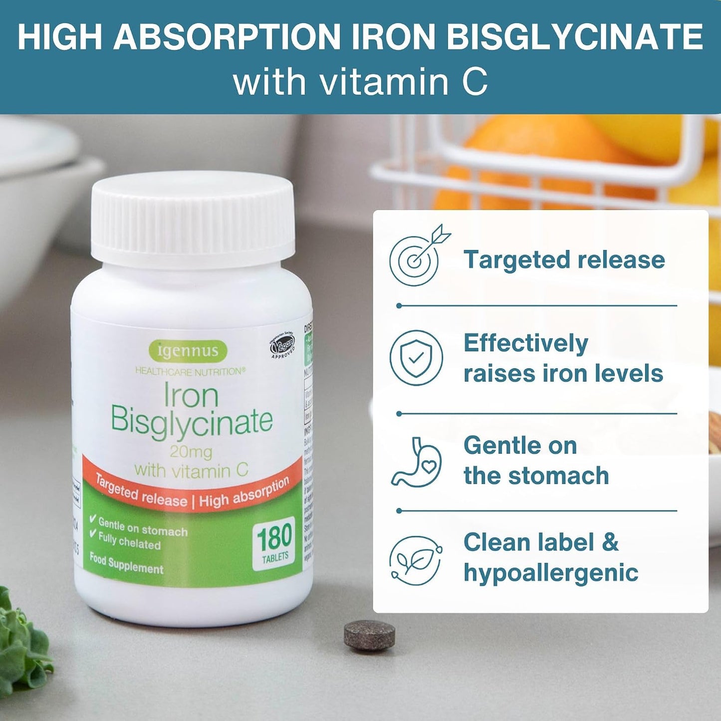 Igennus Clean & Gentle Iron Bisglycinate 20mg Plus Vitamin C, 6 Month Supply, Targeted Release, Chelated High Absorption Ferrous Bisglycinate, Vegan, 180 Tablets