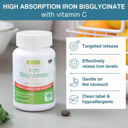 Igennus Clean & Gentle Iron Bisglycinate 20mg Plus Vitamin C, 6 Month Supply, Targeted Release, Chelated High Absorption Ferrous Bisglycinate, Vegan, 180 Tablets