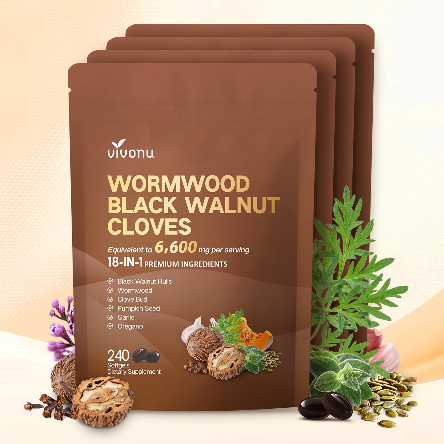 VivoNu 18-in-1 Black Walnut Wormwood, Rapid Gut Cleanse & Digestive Health with Clove, Garlic, Turmeric, Pumpkin Seed, Oregano, Berberine & More, 2 Bag