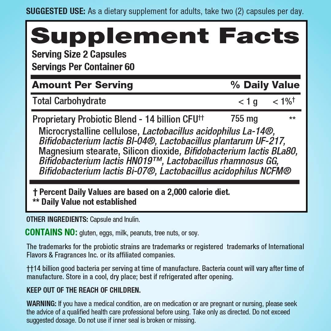 PB8 Probiotic | 14 Billion CFU | 120 Capsules | 8 Strains | for Women and Men | Gluten, Soy, and Milk Free Supplement