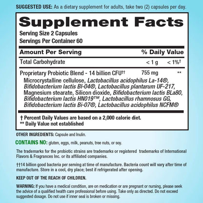 PB8 Probiotic | 14 Billion CFU | 120 Capsules | 8 Strains | for Women and Men | Gluten, Soy, and Milk Free Supplement