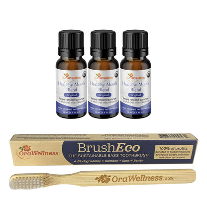OraWellness Healthy Mouth Blend Tooth Oil 3 Pack + BrushEco Bamboo Toothbrush with 4 Rows