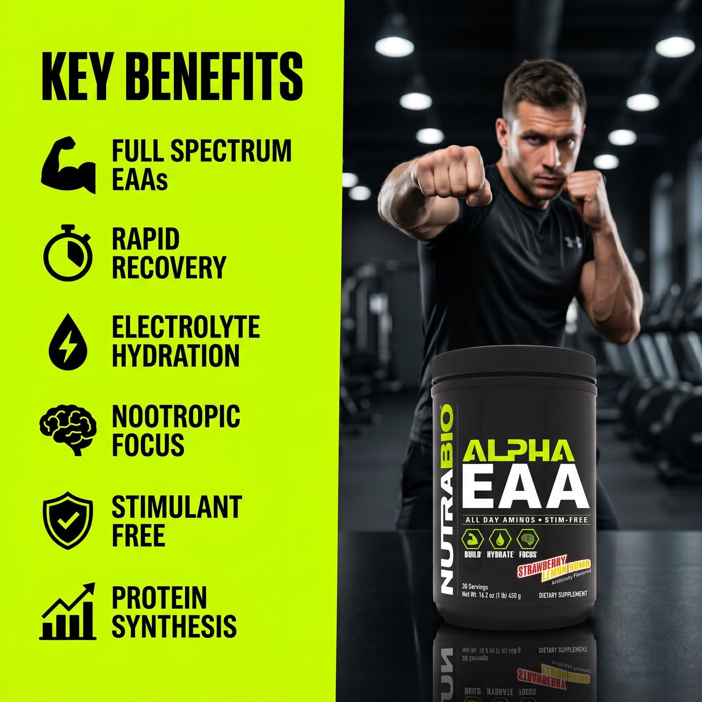 NutraBio Alpha EAA - All-Day Amino Acids for Muscle Growth and Hydration - Essential Amino Acids with Nootropics & Adaptogens- Full Spectrum EAA BCAA Powder - 30 Servings - Strawberry Lemon