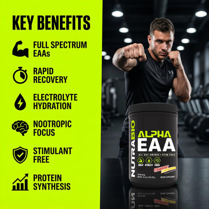 NutraBio Alpha EAA - All-Day Amino Acids for Muscle Growth and Hydration - Essential Amino Acids with Nootropics & Adaptogens- Full Spectrum EAA BCAA Powder - 30 Servings - Strawberry Lemon
